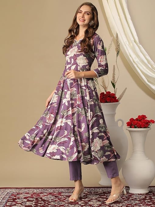 Women's Cotton Blend Anarkali Printed Kurta with Pant