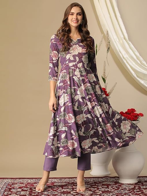 Women's Cotton Blend Anarkali Printed Kurta with Pant