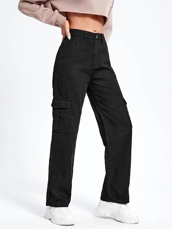 Women's Solid High Waist Cotton Lycra Blend Cargo Jeans