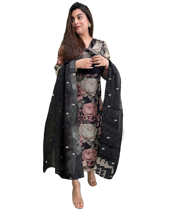 Women's Cotton Blend Printed Straight Kurta with Pant & Dupatta