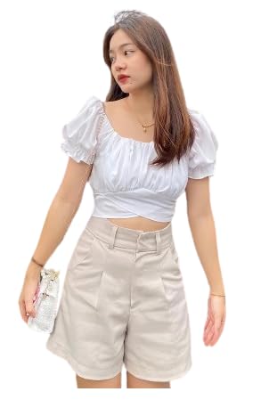 Women Cotton Blend Summer Off Shoulder Crop Tops Ruffles Short Sleeve Tie Back Top