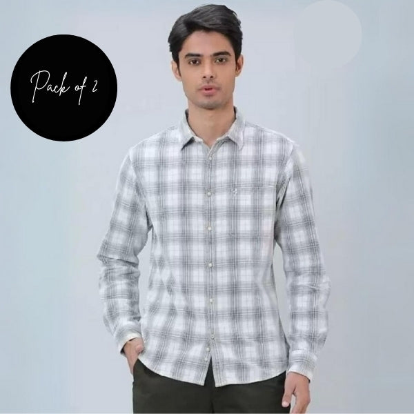 Men Slim Fit Checkered Cut Away Collar Casual Shirt (Without Pocket - Pack of 2)