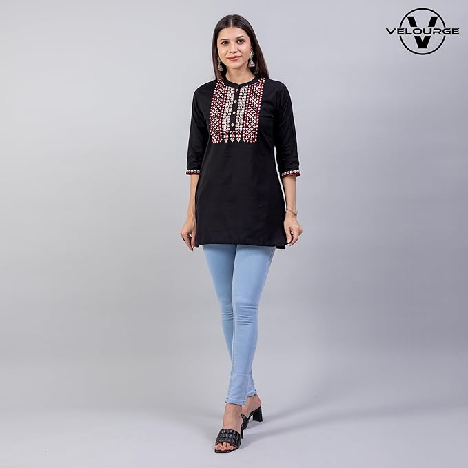 Black Embroidered Short Kurti for Women