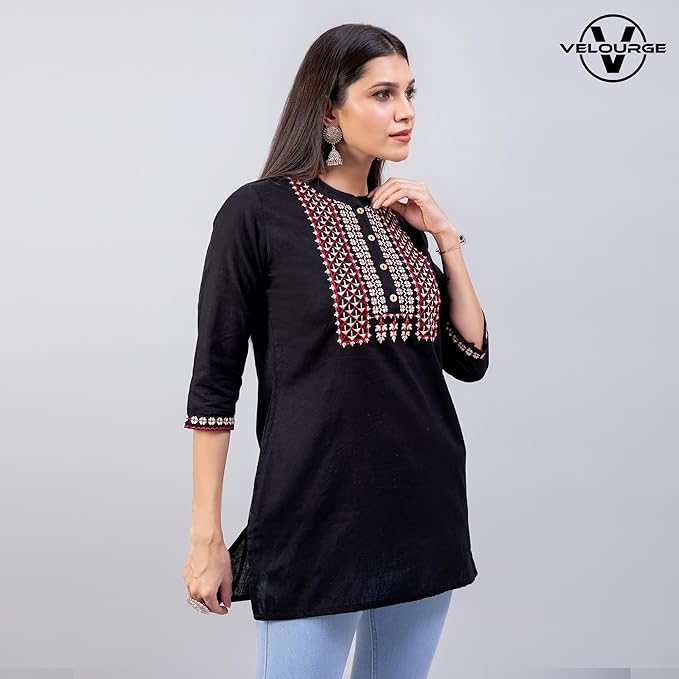 Black Embroidered Short Kurti for Women