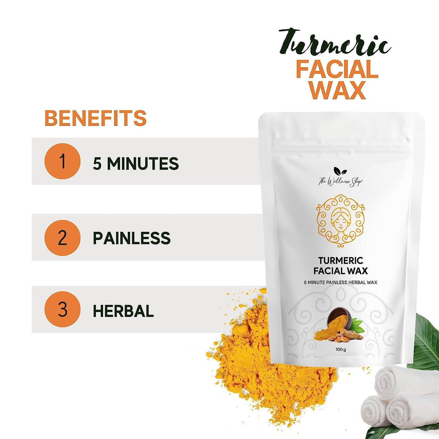 TURMERIC FACIAL WAX - 5 MINUTE PAINLESS HERBAL WAX POWDER (100g)