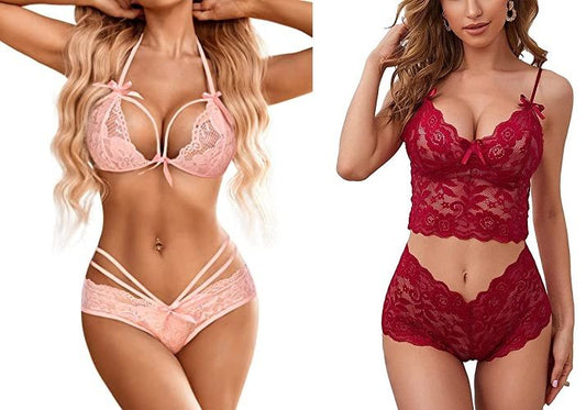 COMBO Lingerie Lace Babydoll 2 Piece Sexy Bra and Panty Sets Sexy Lingerie Set ( Pink and Maroon )