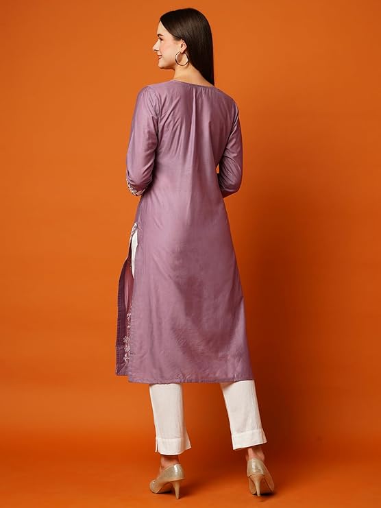 Women's Cotton Blend Straight Chikankari Embroidered Kurta