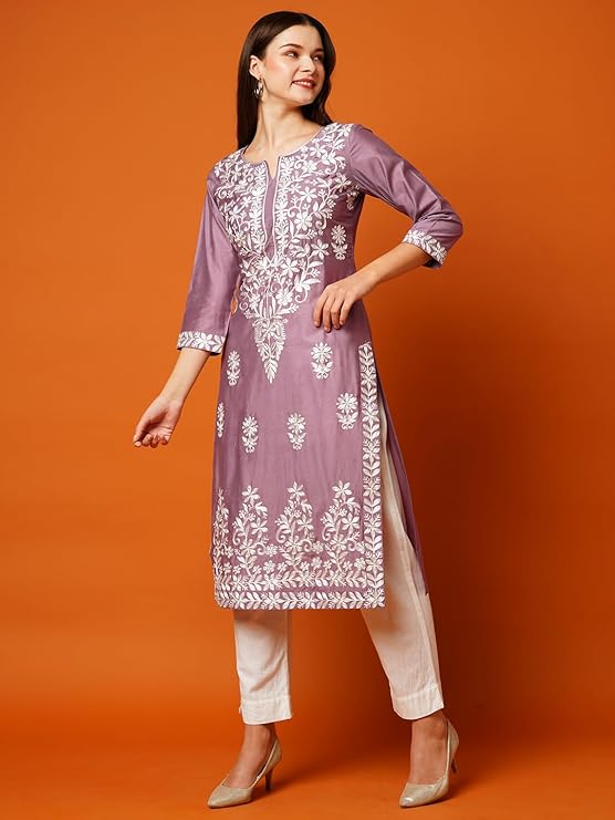 Women's Cotton Blend Straight Chikankari Embroidered Kurta