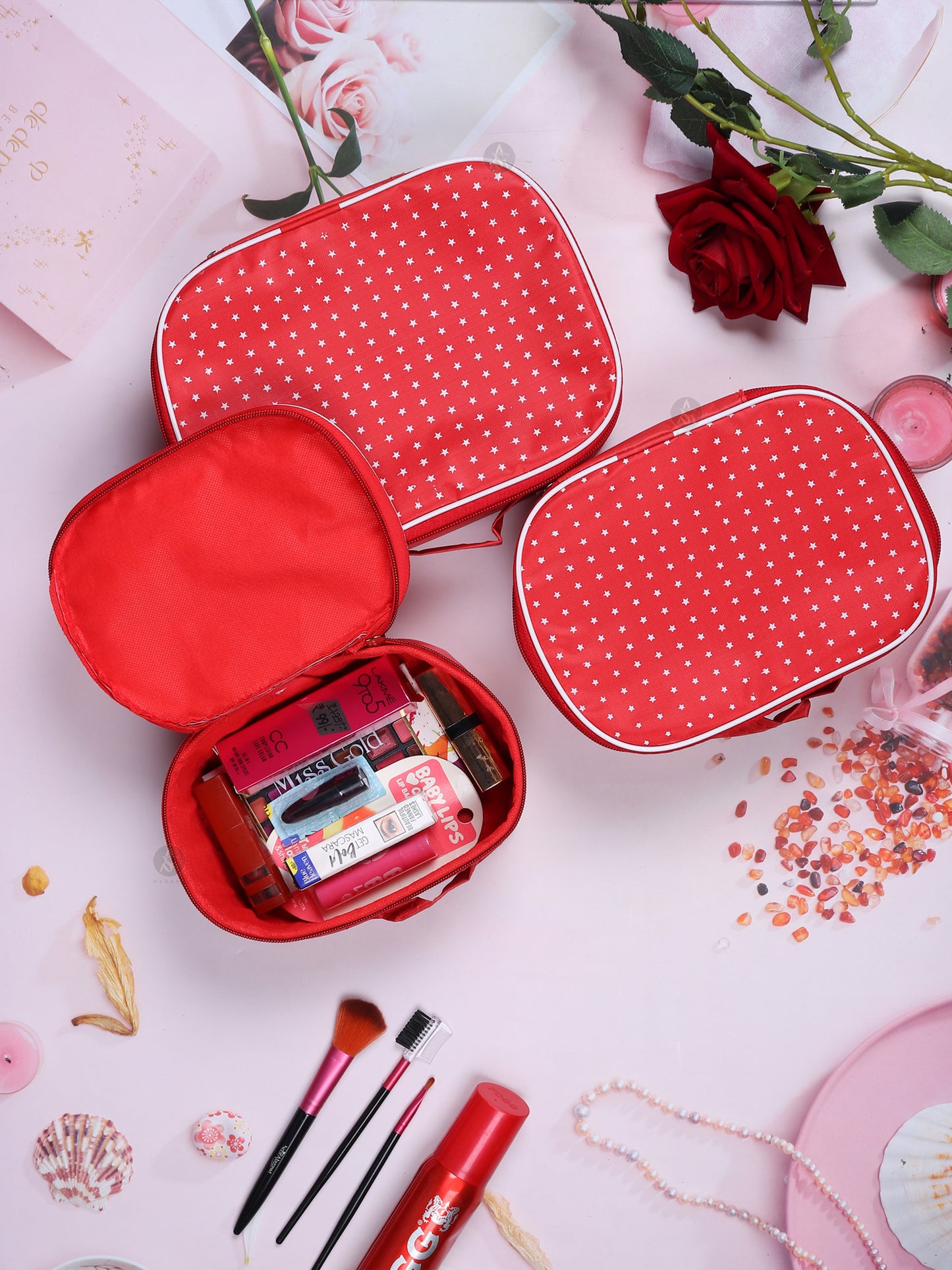 Rasafa Set of 3 Star pattern Makeup box, Jewellery box, Makeup Kit, Storage case Vanity Box (Red)