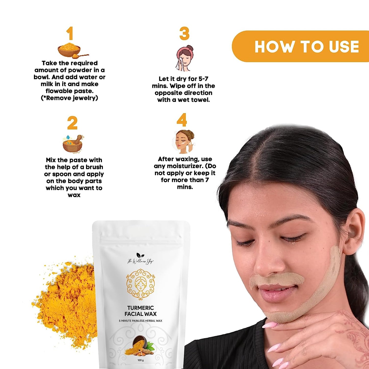 TURMERIC FACIAL WAX - 5 MINUTE PAINLESS HERBAL WAX POWDER (100g)