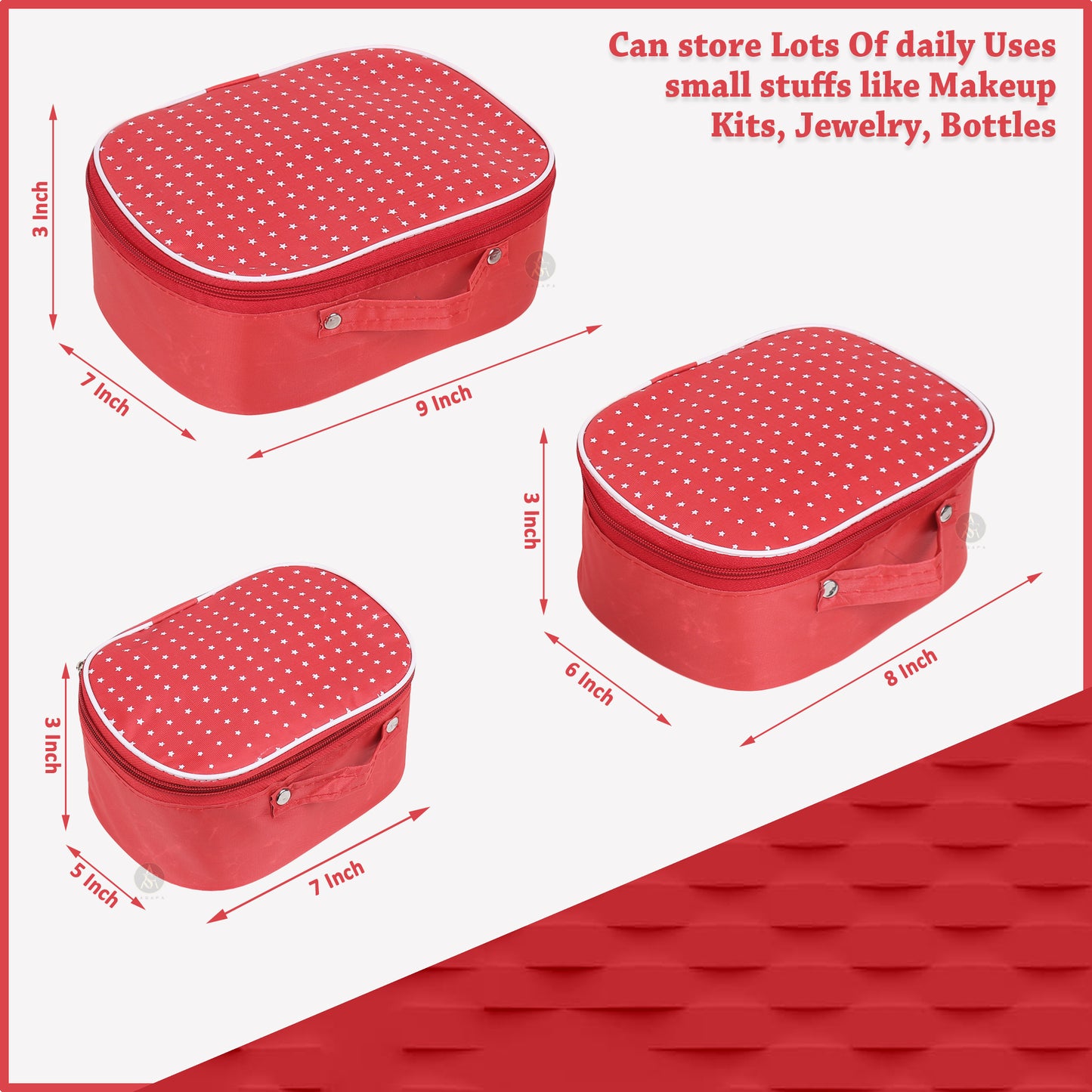 Rasafa Set of 3 Star pattern Makeup box, Jewellery box, Makeup Kit, Storage case Vanity Box (Red)