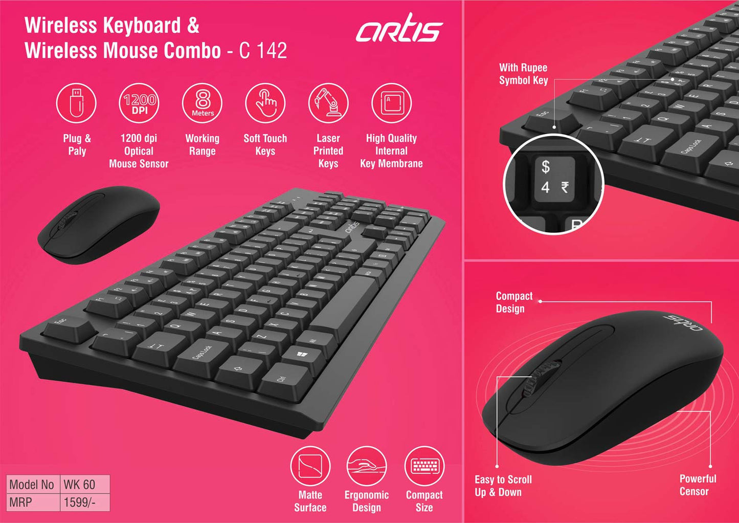 Artis Wireless Keyboard & Wireless mouse combo (WK60) (MRP 1599)