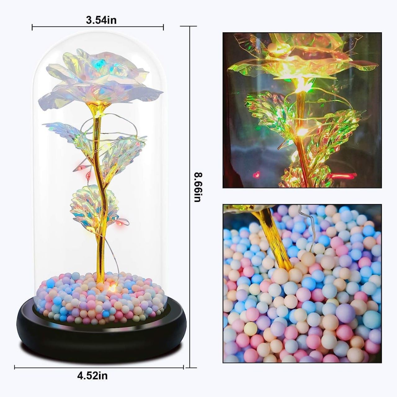 Artificial Colorful Flower Rose Gift Led Light On Galaxy Rose in Glass Dome