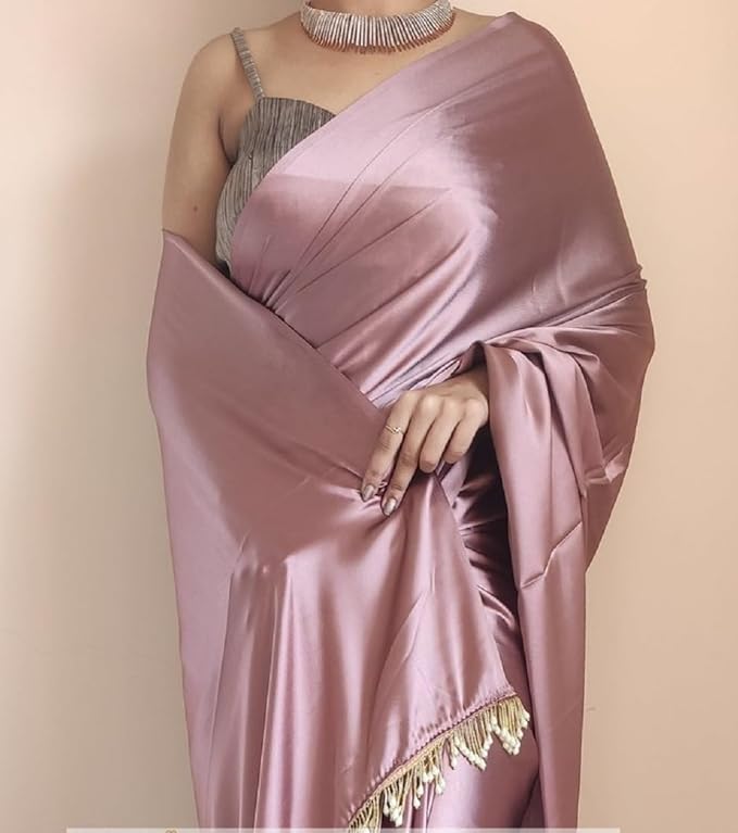 Women's Ready to Wear Rose Gold Satin Silk 1 Minute Pre Pleated Heavy Saree with Designer Hand Work Tassels