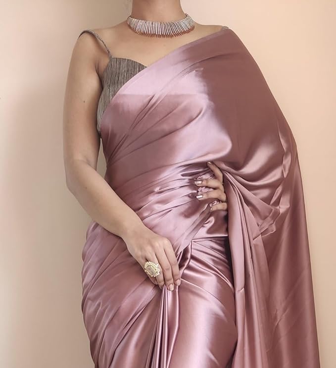 Women's Ready to Wear Rose Gold Satin Silk 1 Minute Pre Pleated Heavy Saree with Designer Hand Work Tassels