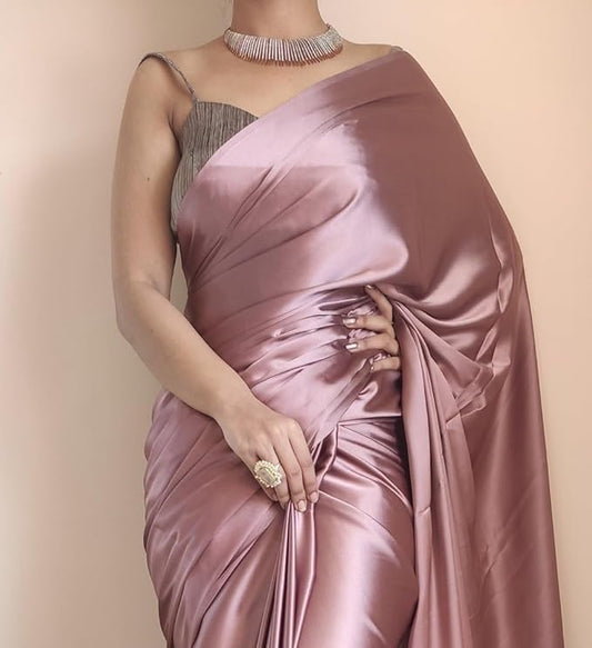 Women's Ready to Wear Rose Gold Satin Silk 1 Minute Pre Pleated Heavy Saree with Designer Hand Work Tassels