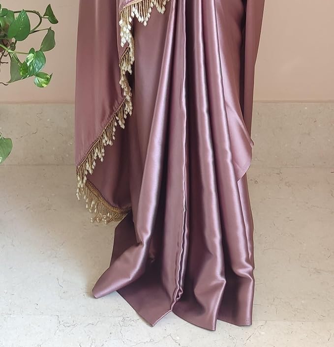 Women's Ready to Wear Rose Gold Satin Silk 1 Minute Pre Pleated Heavy Saree with Designer Hand Work Tassels