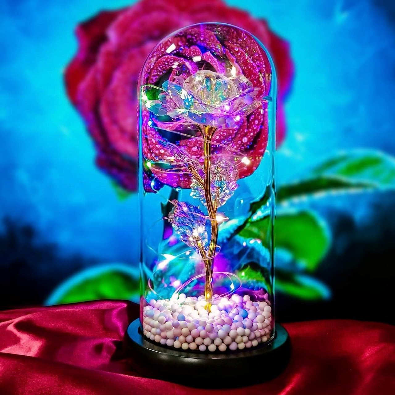 Artificial Colorful Flower Rose Gift Led Light On Galaxy Rose in Glass Dome