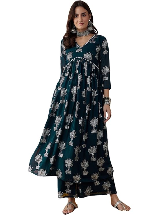 Women's Rayon Printed Alia Cut Kurta and Palazzos Set