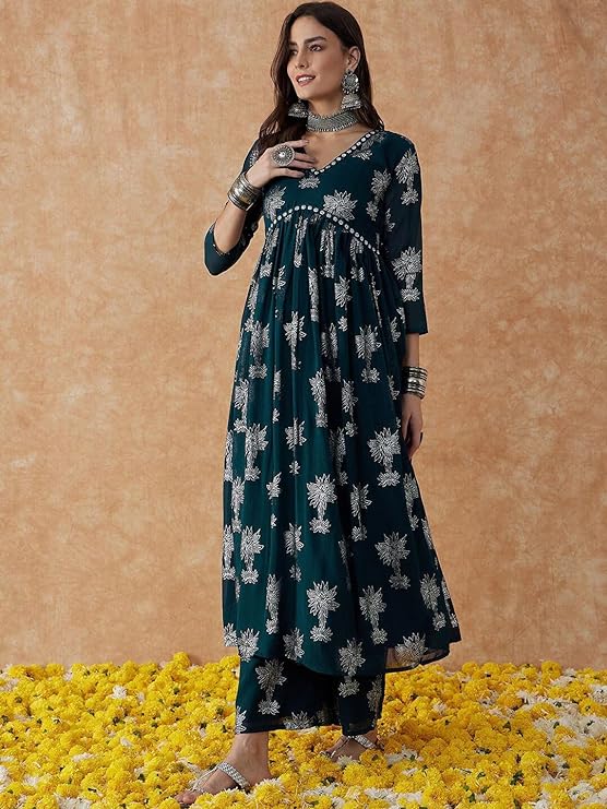 Women's Rayon Printed Alia Cut Kurta and Palazzos Set